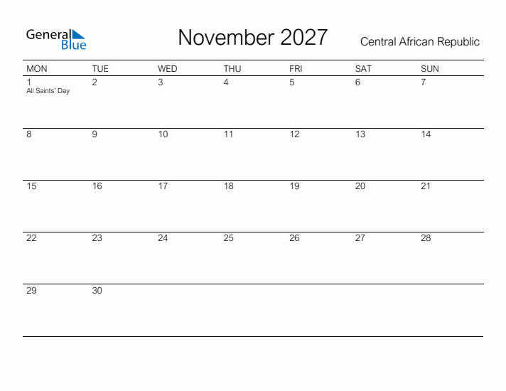 Printable November 2027 Calendar for Central African Republic