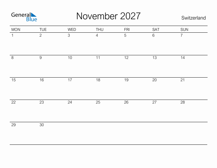 Printable November 2027 Calendar for Switzerland