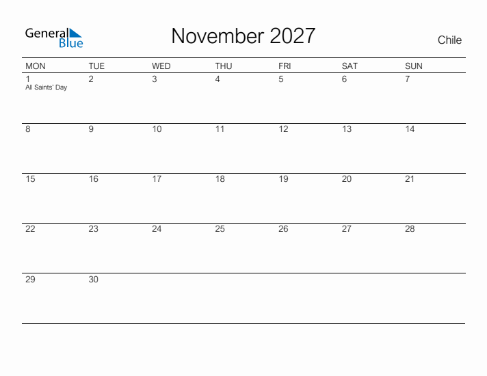 Printable November 2027 Calendar for Chile