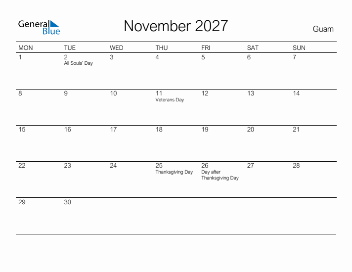 Printable November 2027 Calendar for Guam