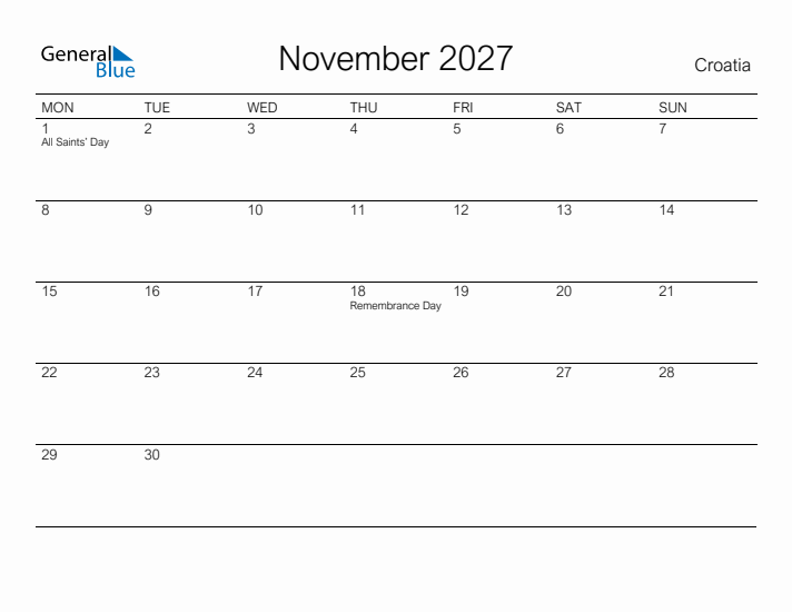 Printable November 2027 Calendar for Croatia