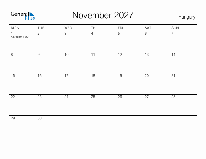 Printable November 2027 Calendar for Hungary