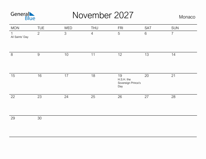 Printable November 2027 Calendar for Monaco