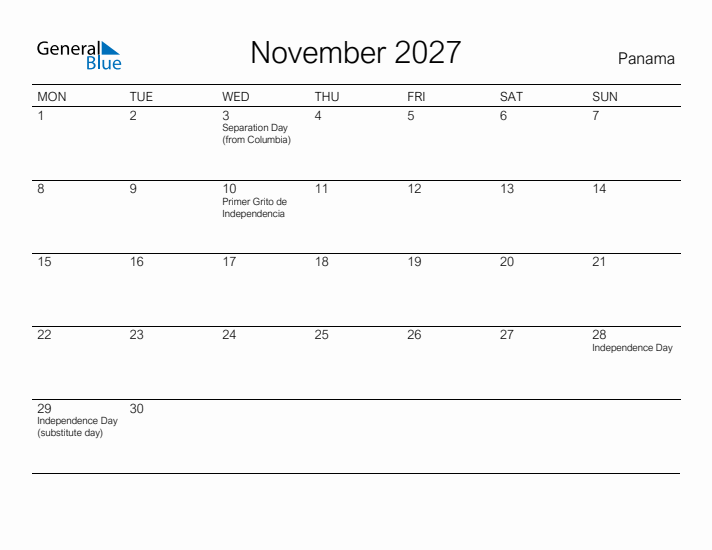 Printable November 2027 Calendar for Panama