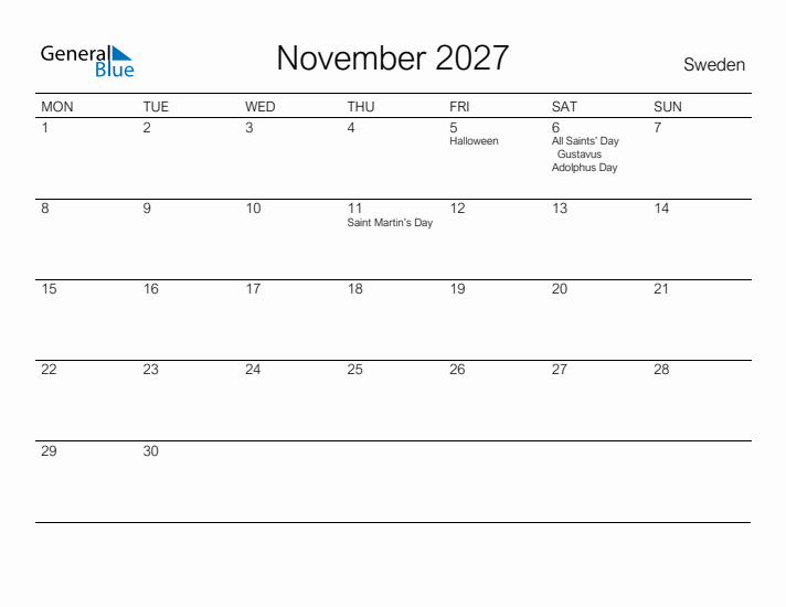 Printable November 2027 Calendar for Sweden