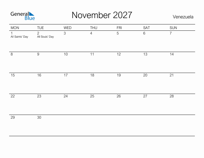 Printable November 2027 Calendar for Venezuela