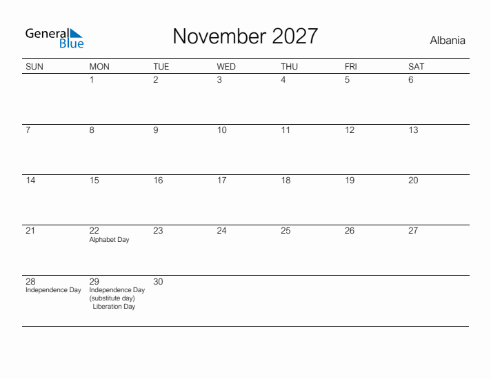 Printable November 2027 Calendar for Albania