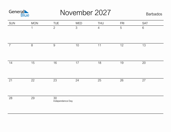 Printable November 2027 Calendar for Barbados