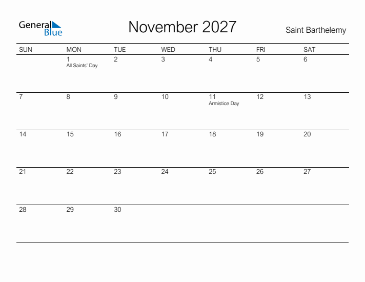 Printable November 2027 Calendar for Saint Barthelemy