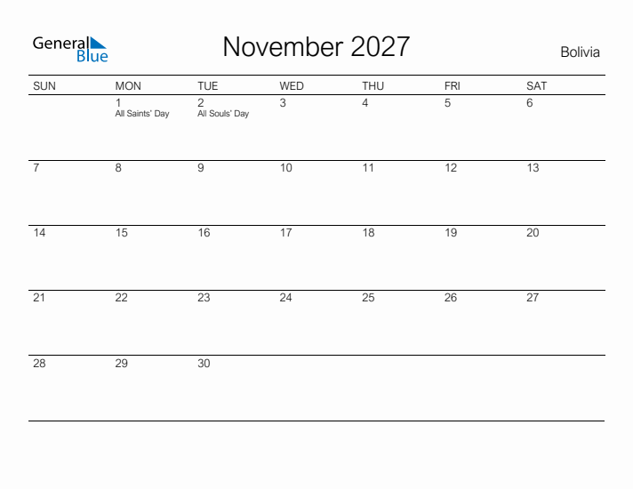 Printable November 2027 Calendar for Bolivia