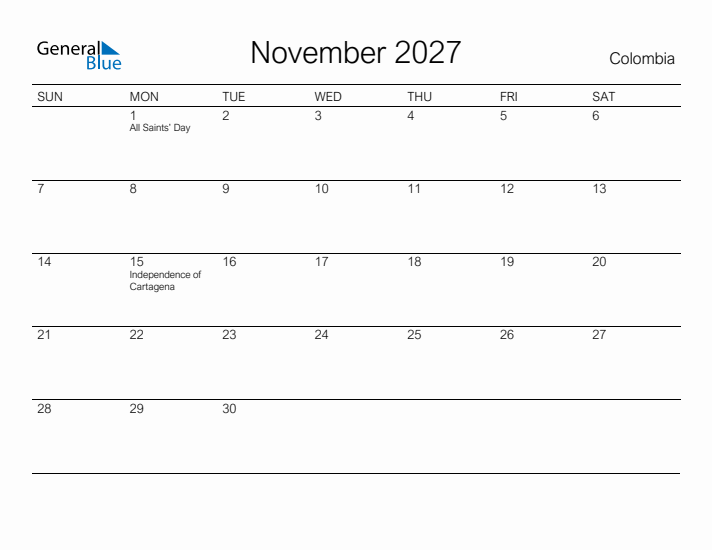 Printable November 2027 Calendar for Colombia