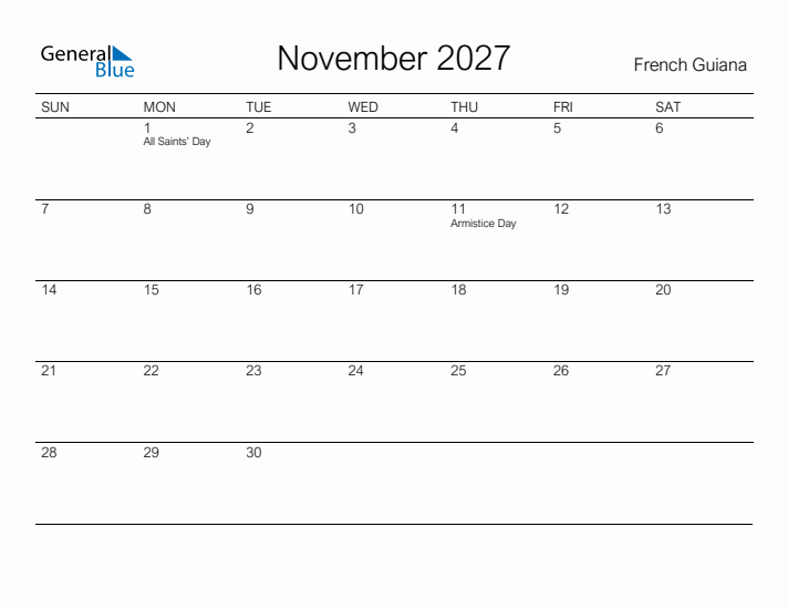 Printable November 2027 Calendar for French Guiana