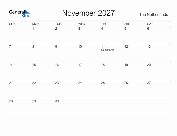 Printable November 2027 Calendar for The Netherlands