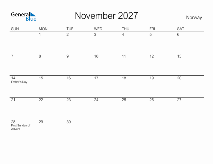 Printable November 2027 Calendar for Norway