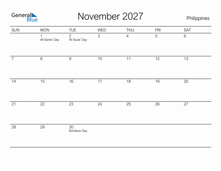 Printable November 2027 Calendar for Philippines