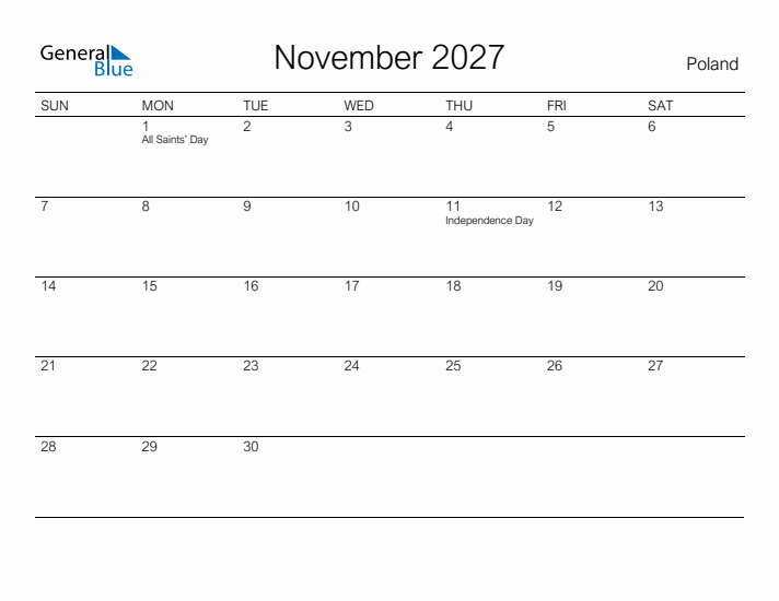 Printable November 2027 Calendar for Poland