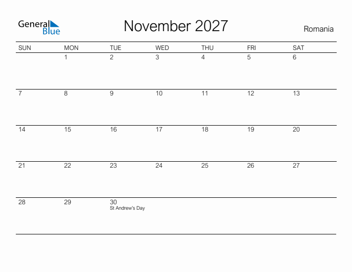 Printable November 2027 Calendar for Romania