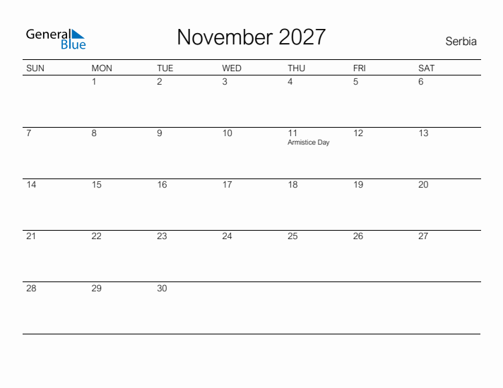 Printable November 2027 Calendar for Serbia