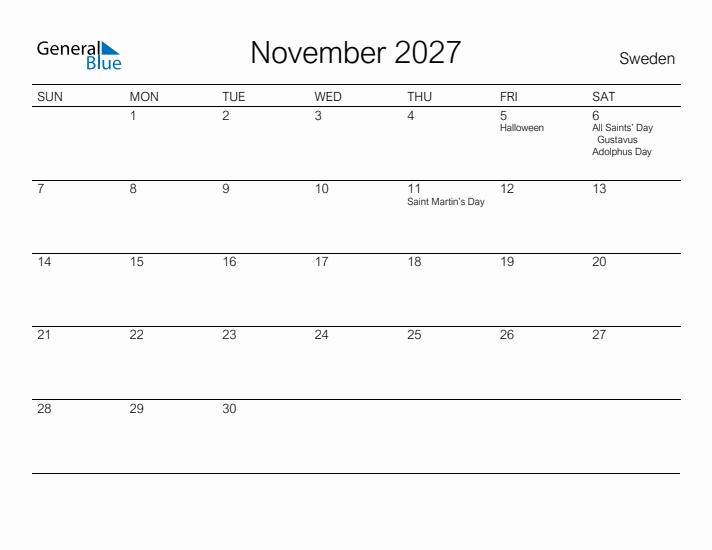 Printable November 2027 Calendar for Sweden