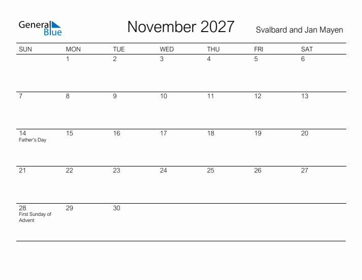 Printable November 2027 Calendar for Svalbard and Jan Mayen