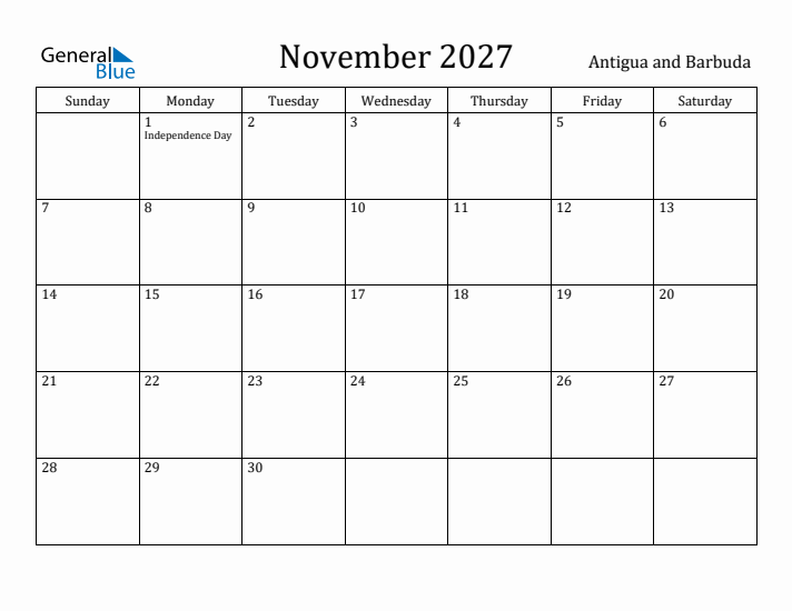 November 2027 Calendar Antigua and Barbuda