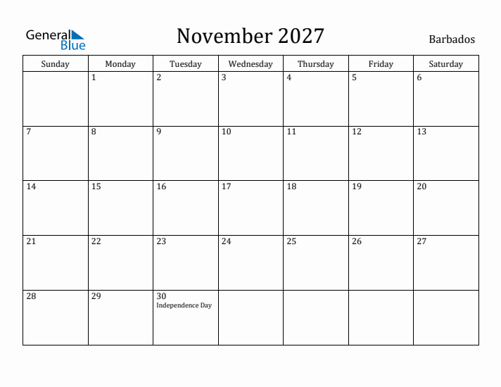 November 2027 Calendar Barbados