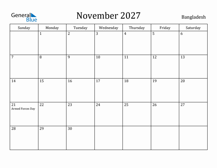 November 2027 Calendar Bangladesh