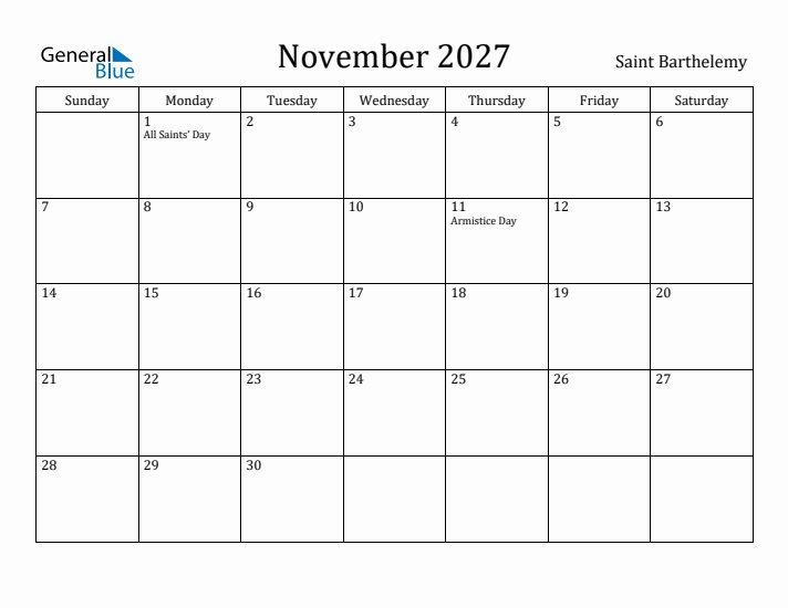 November 2027 Calendar Saint Barthelemy