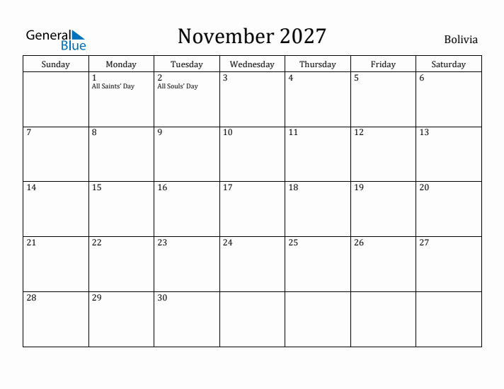 November 2027 Calendar Bolivia