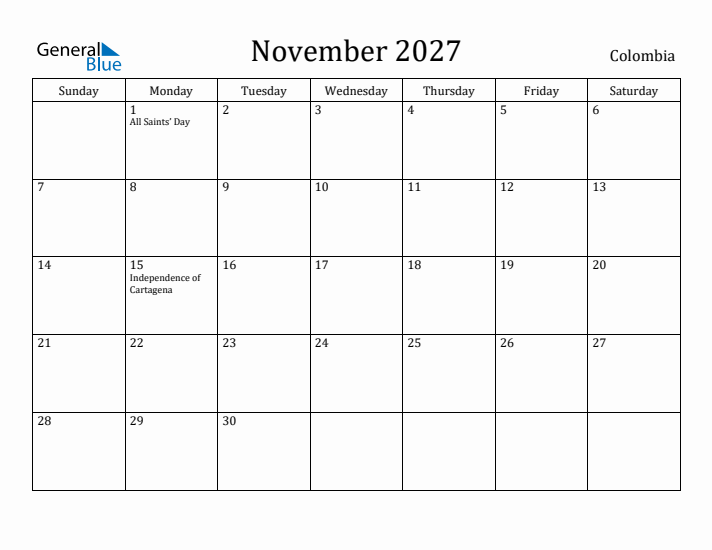 November 2027 Calendar Colombia