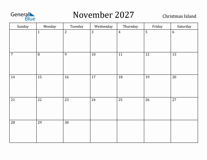 November 2027 Calendar Christmas Island