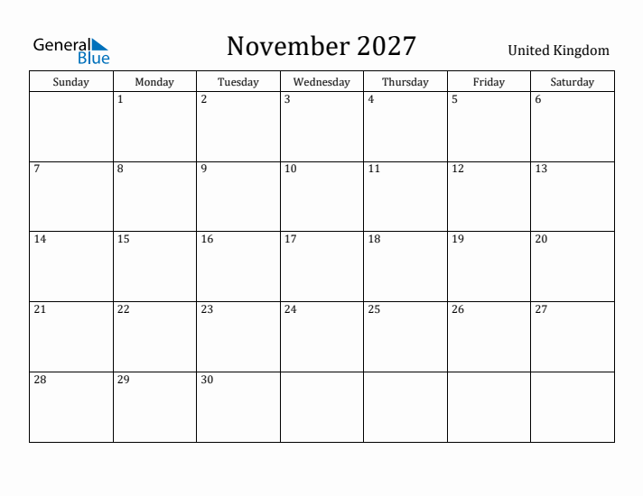 November 2027 Calendar United Kingdom