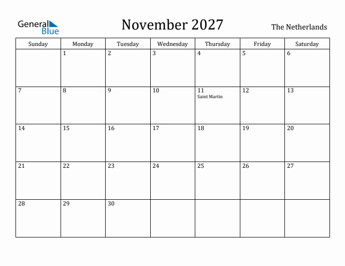 November 2027 Calendar The Netherlands