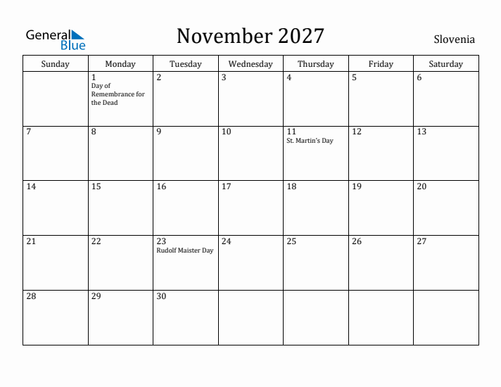 November 2027 Calendar Slovenia