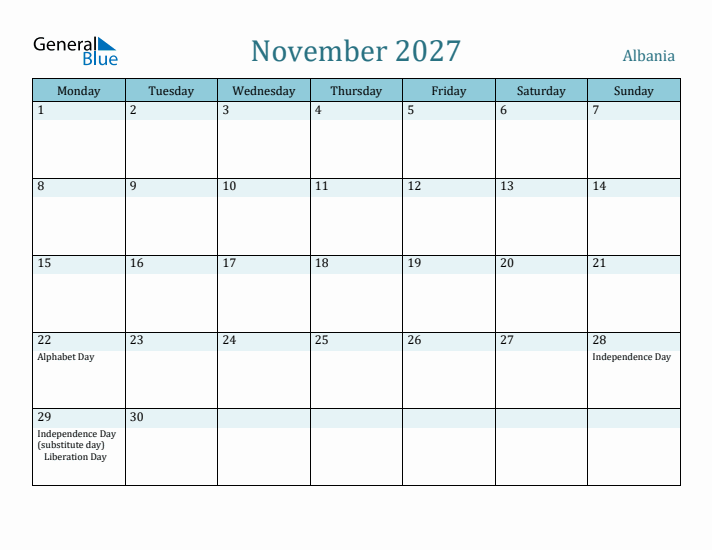 November 2027 Calendar with Holidays