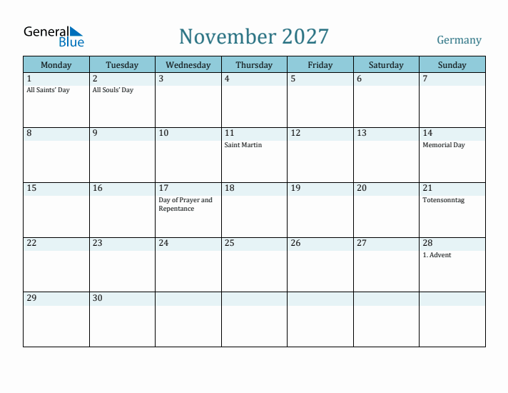 November 2027 Calendar with Holidays