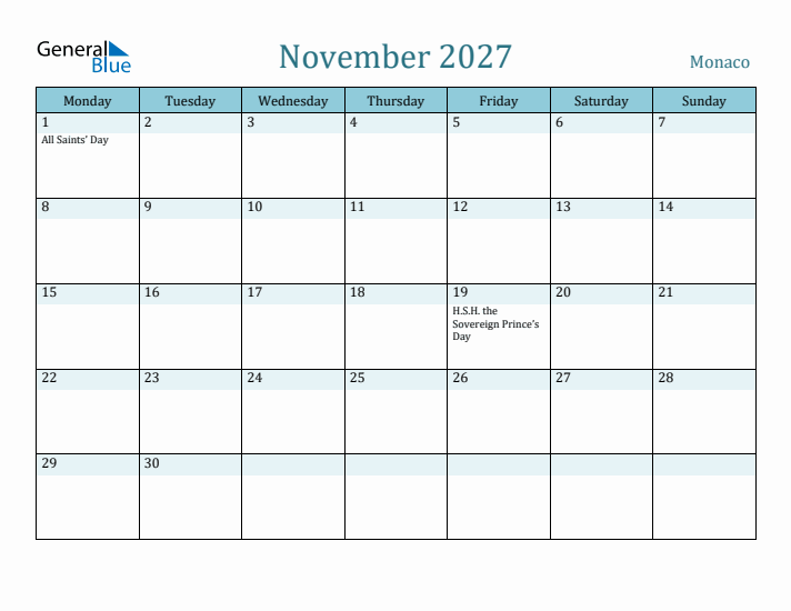 November 2027 Calendar with Holidays