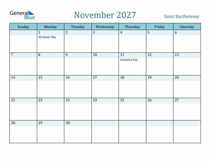 November 2027 Calendar with Holidays