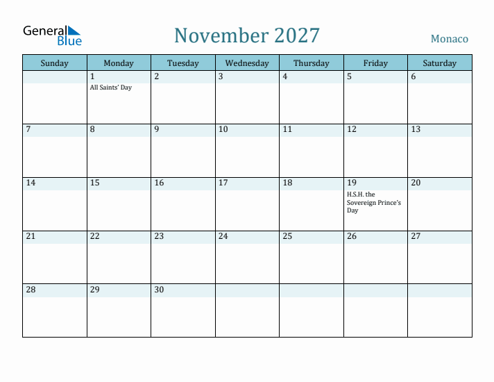 November 2027 Calendar with Holidays