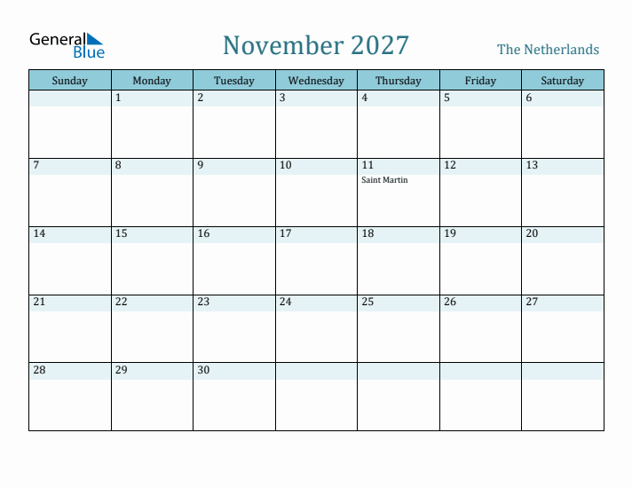 November 2027 Calendar with Holidays