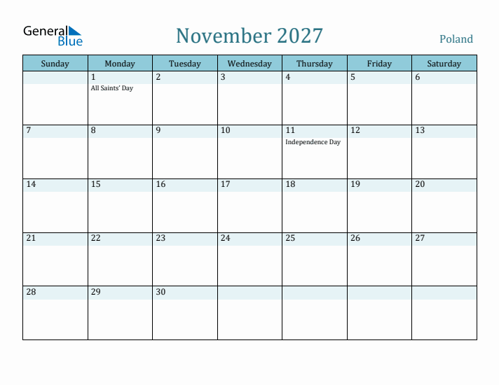 November 2027 Calendar with Holidays