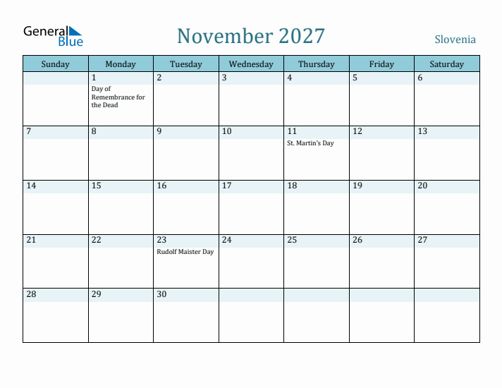 November 2027 Calendar with Holidays