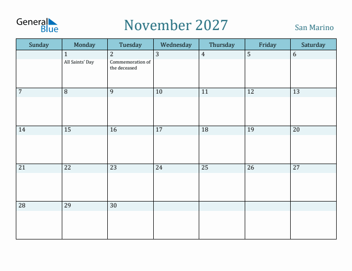 November 2027 Calendar with Holidays