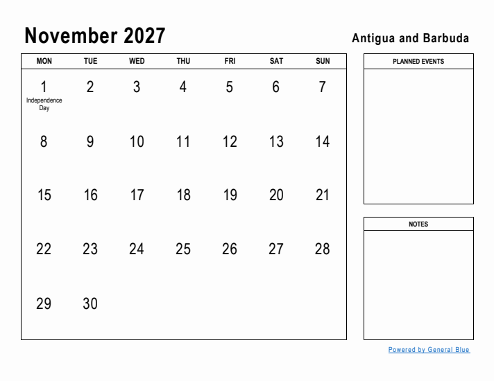 November 2027 Printable Monthly Calendar with Antigua and Barbuda Holidays