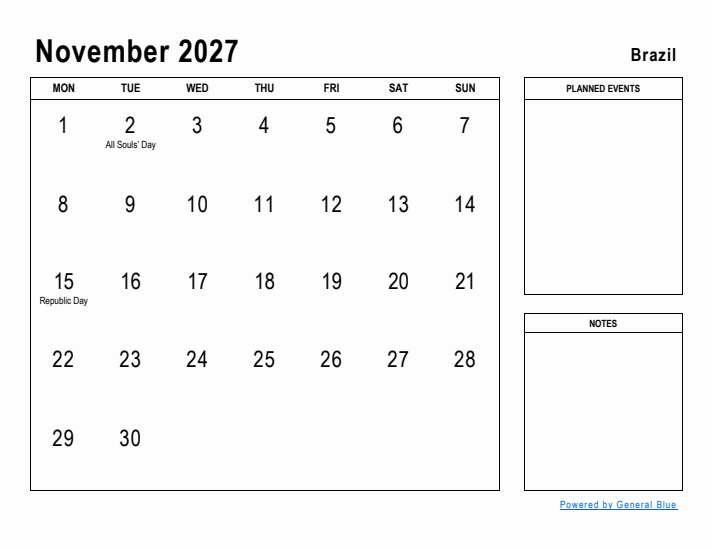 November 2027 Printable Monthly Calendar with Brazil Holidays