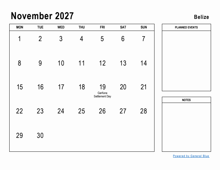 November 2027 Printable Monthly Calendar with Belize Holidays