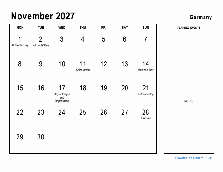 November 2027 Printable Monthly Calendar with Germany Holidays