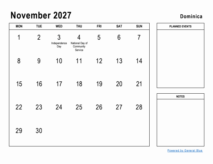 November 2027 Printable Monthly Calendar with Dominica Holidays