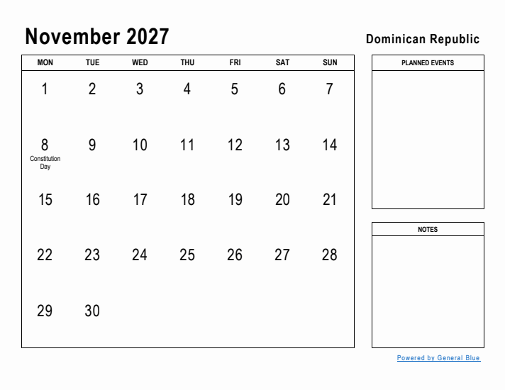 November 2027 Printable Monthly Calendar with Dominican Republic Holidays