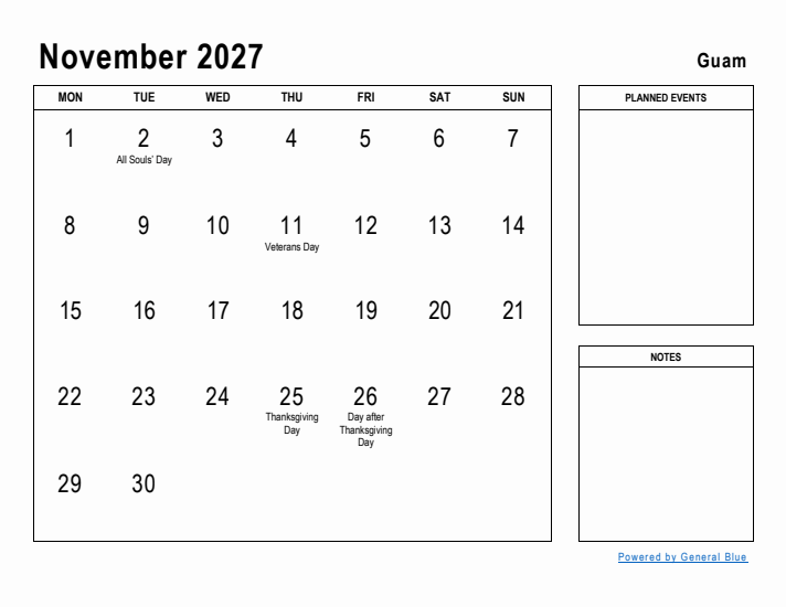 November 2027 Printable Monthly Calendar with Guam Holidays